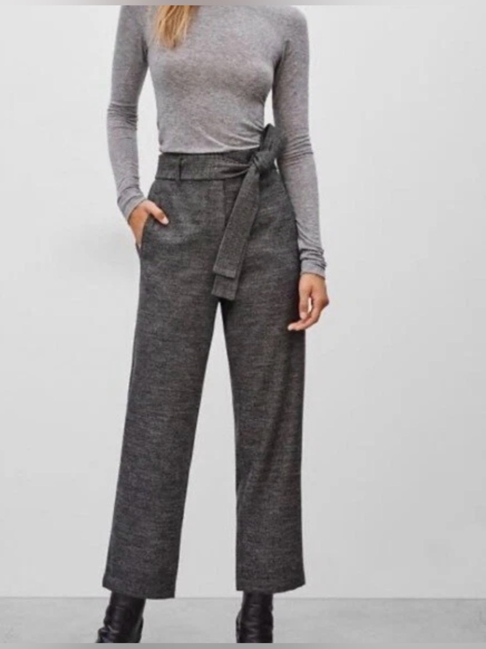 Aritzia Wilfred Jallade Gray Tweed Tie-Waist Pants Wool Cashmere Blend Cropped